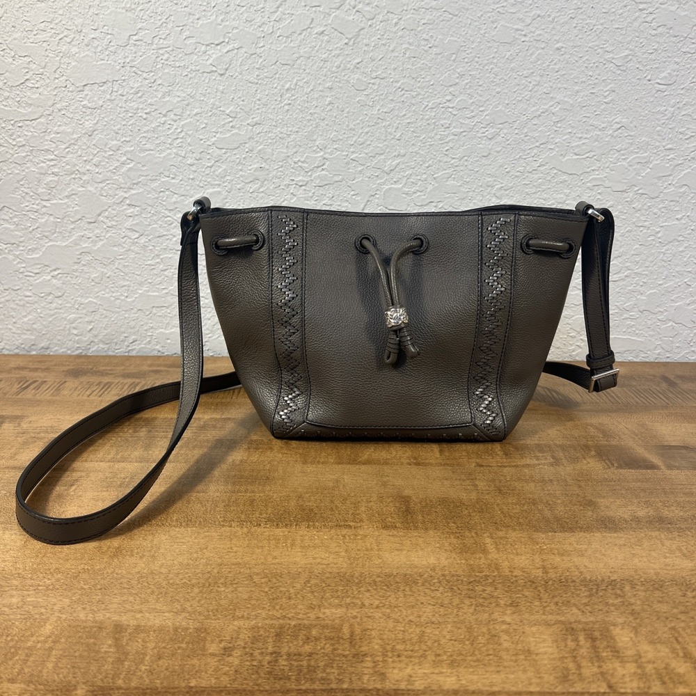 Brighton ARDEN Leather Cross Body Drawstring Bag‎ Sable Gray